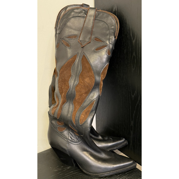 NEW ZARA BLACK BROWN LEATHER SUEDE COWBOY BOOTS SZ 39 8 8.5 - Picture 11 of 16